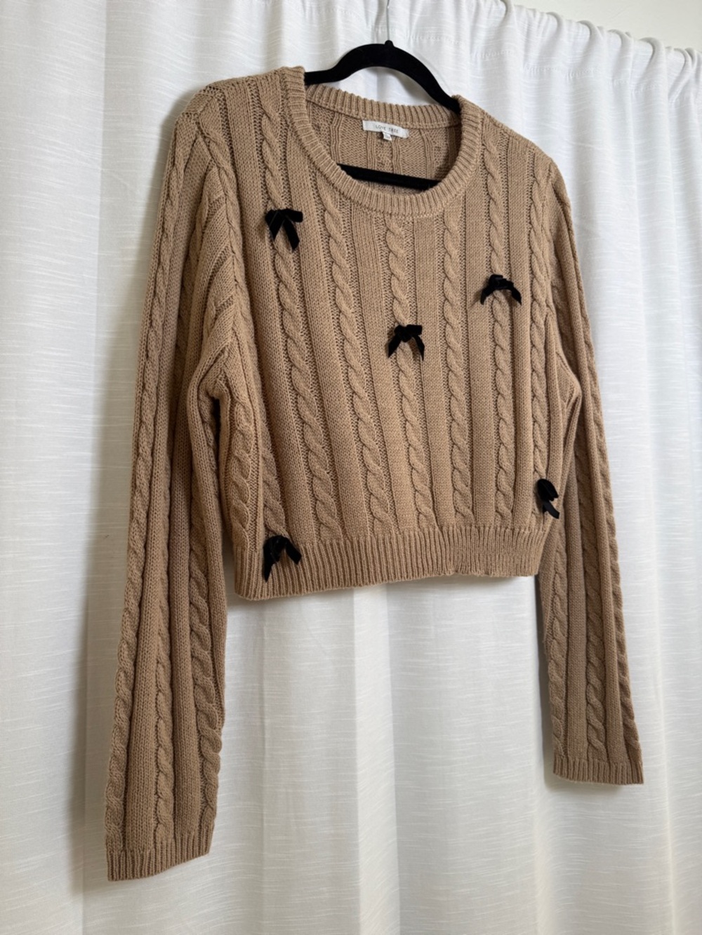 Love Tree Taupe Cable Knit Bow Detail Cropped Sweater | Size L - Picture 6 of 10